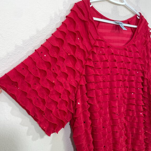 Maggie Barnes for Catherines Size 3X  Blouse  Ruffle Layered Red Shimmer Holiday - Picture 4 of 6